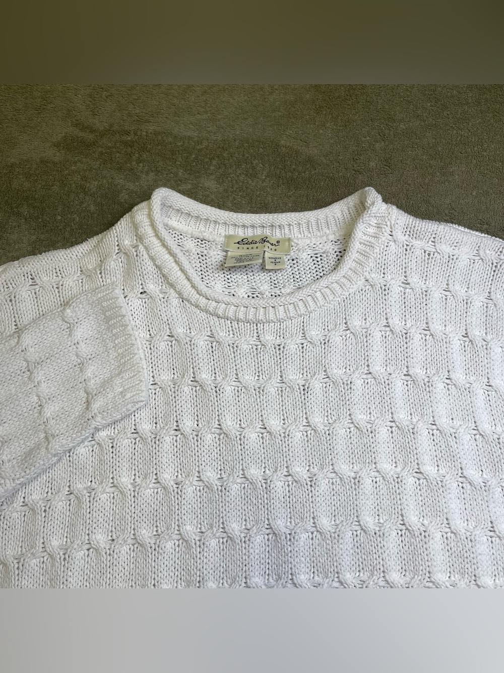 Vintage Eddie Bauer USA White Waffle Cable Knit Cotton Sweater Small